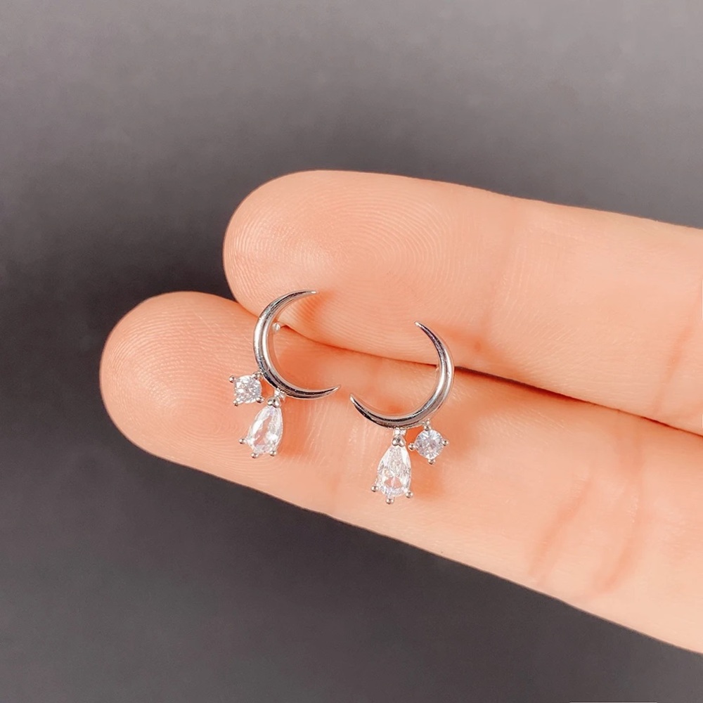 Tiny Silver Crescent Moon Post Back Dangle Earrin… - image 5